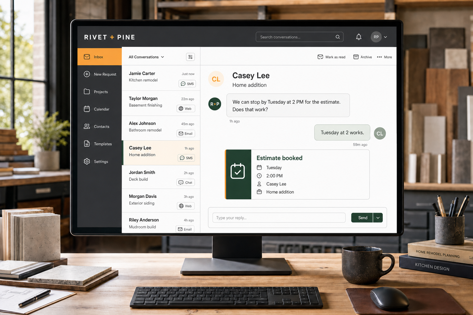 Rivet and Pine inbox showing a customer conversation becoming a booked estimate