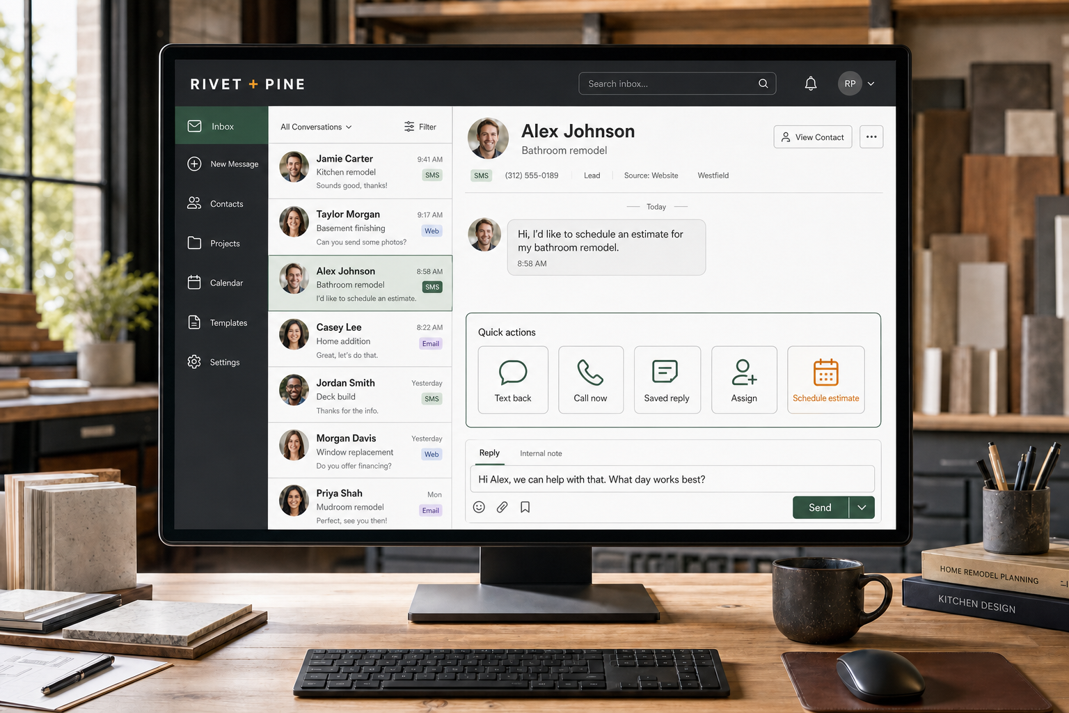 Rivet and Pine inbox showing fast reply, call, assignment, and scheduling options