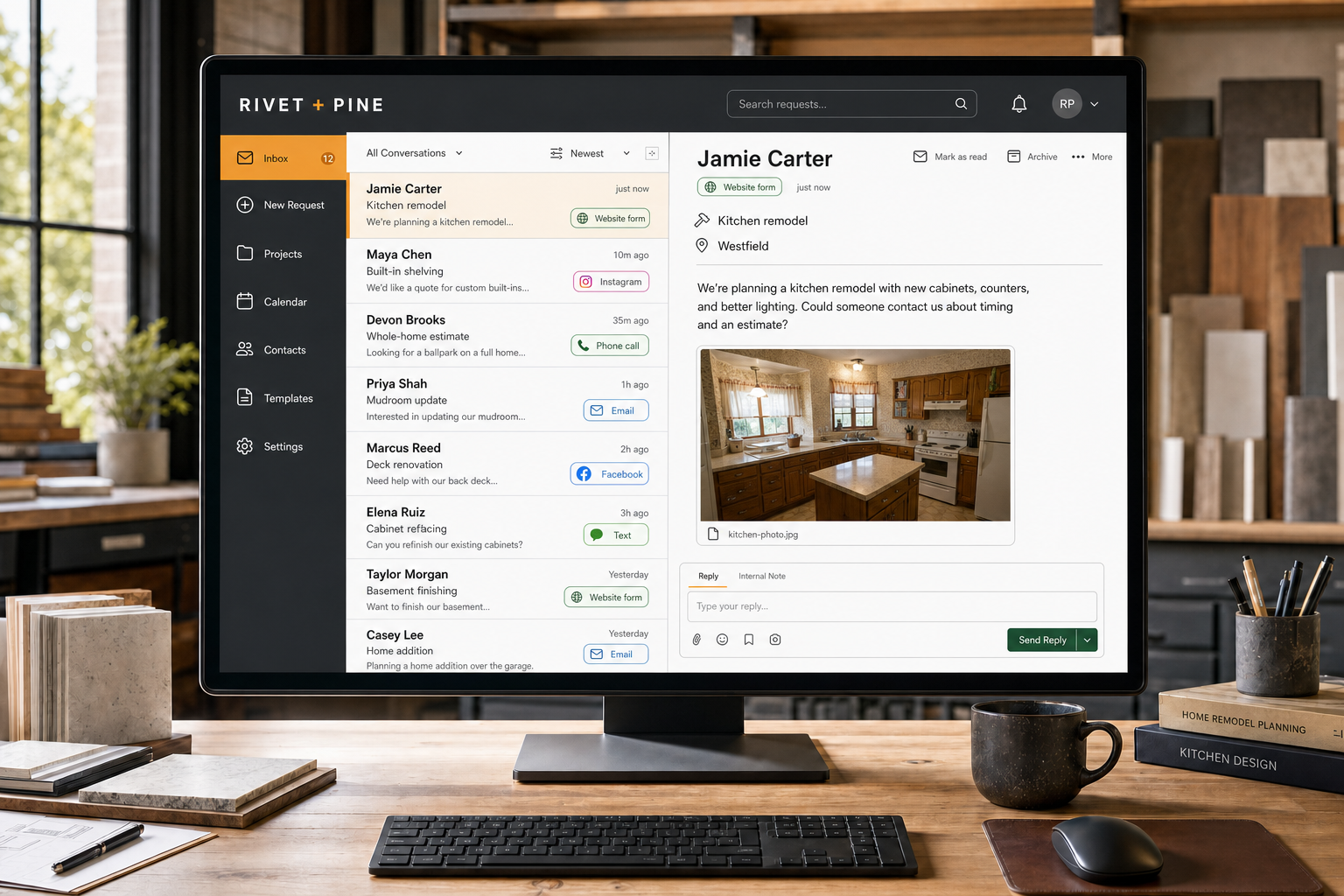 Populated Rivet and Pine inbox showing leads from several customer channels