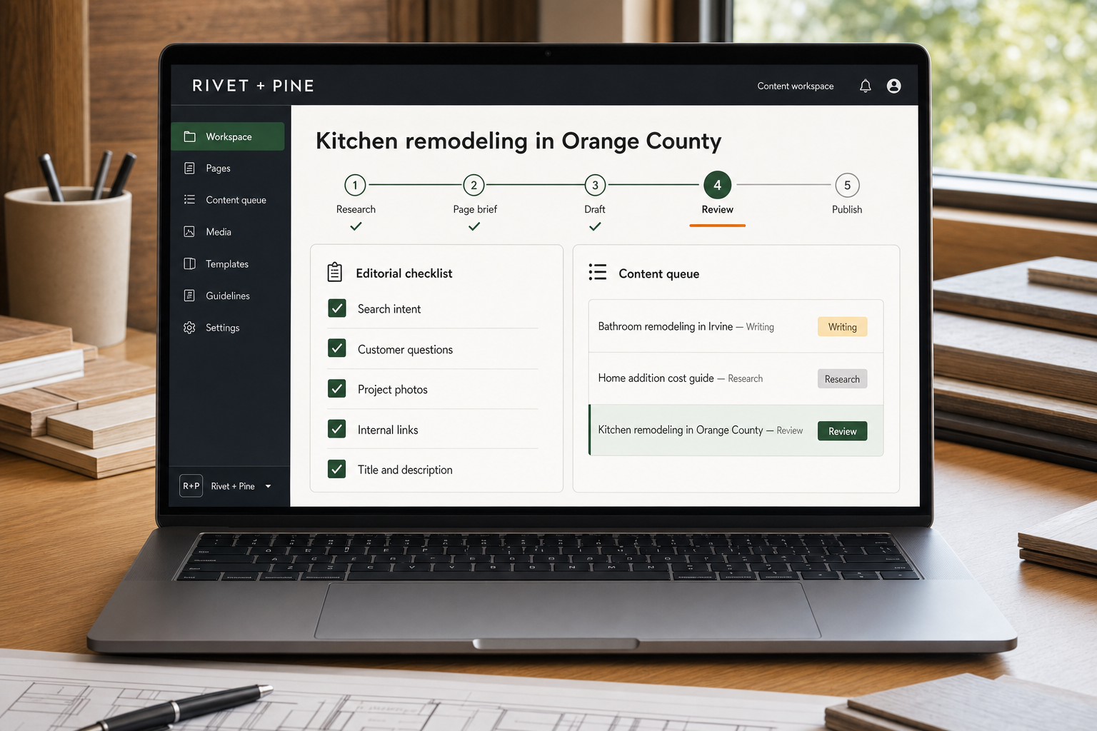 Rivet and Pine content workflow moving a local service page from research through publishing