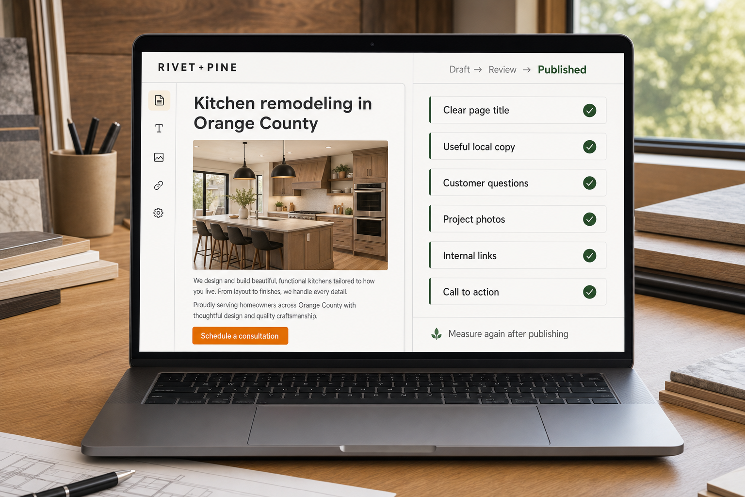 Rivet and Pine page editor showing concrete local SEO improvements before publishing