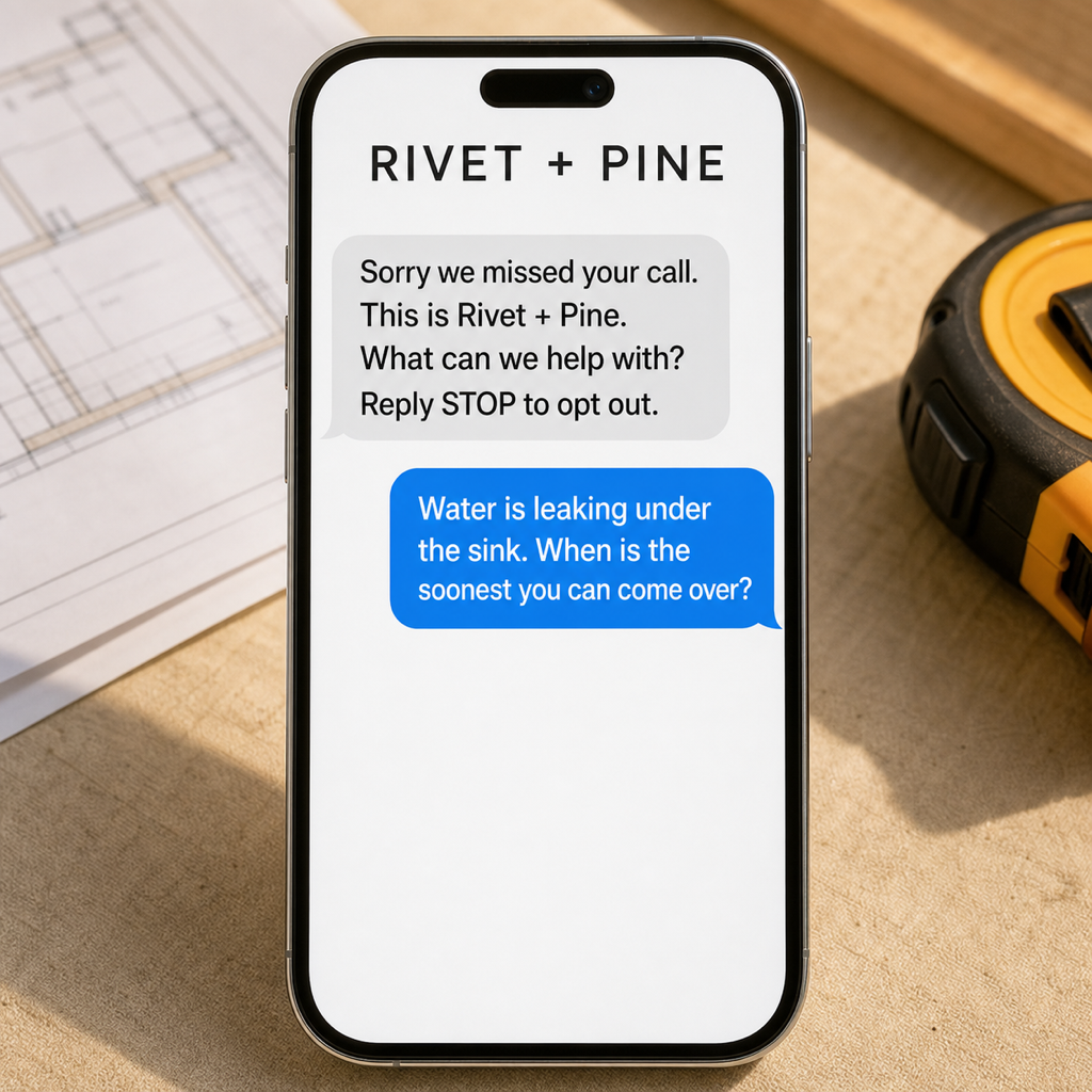 Rivet and Pine missed-call text-back conversation shown on a phone