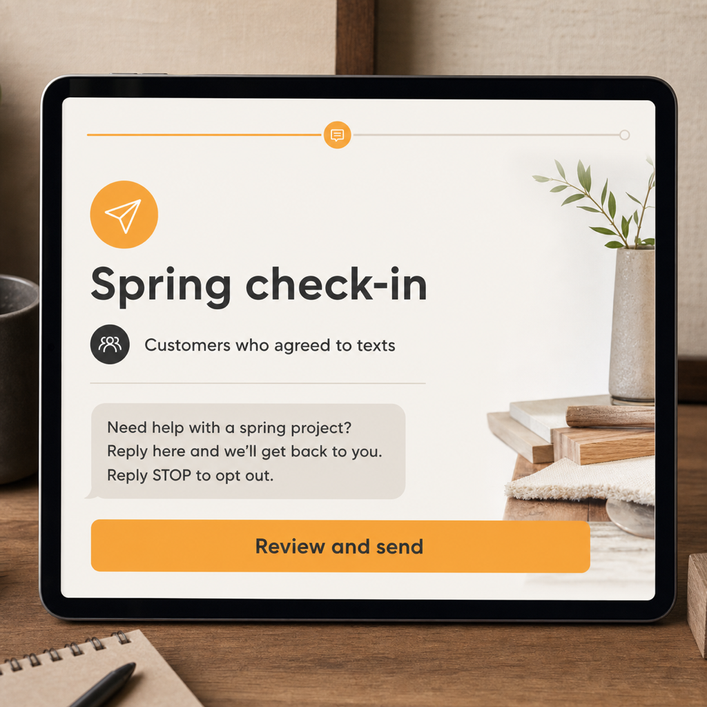 Past-customer spring check-in message ready for review on a tablet