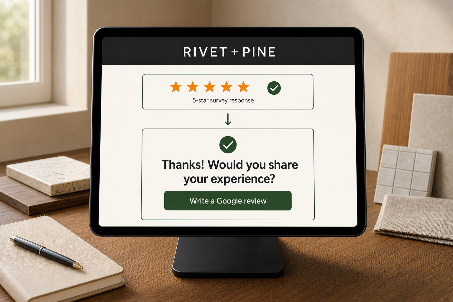 Five-star survey response leading to a Google review invitation