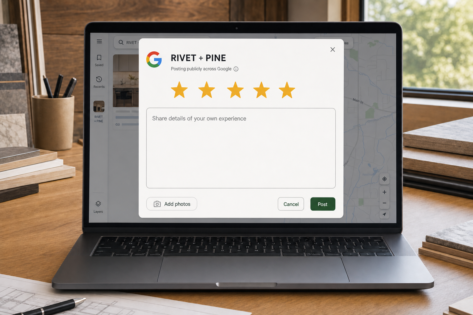 Google review composer with five stars selected and an empty writing field