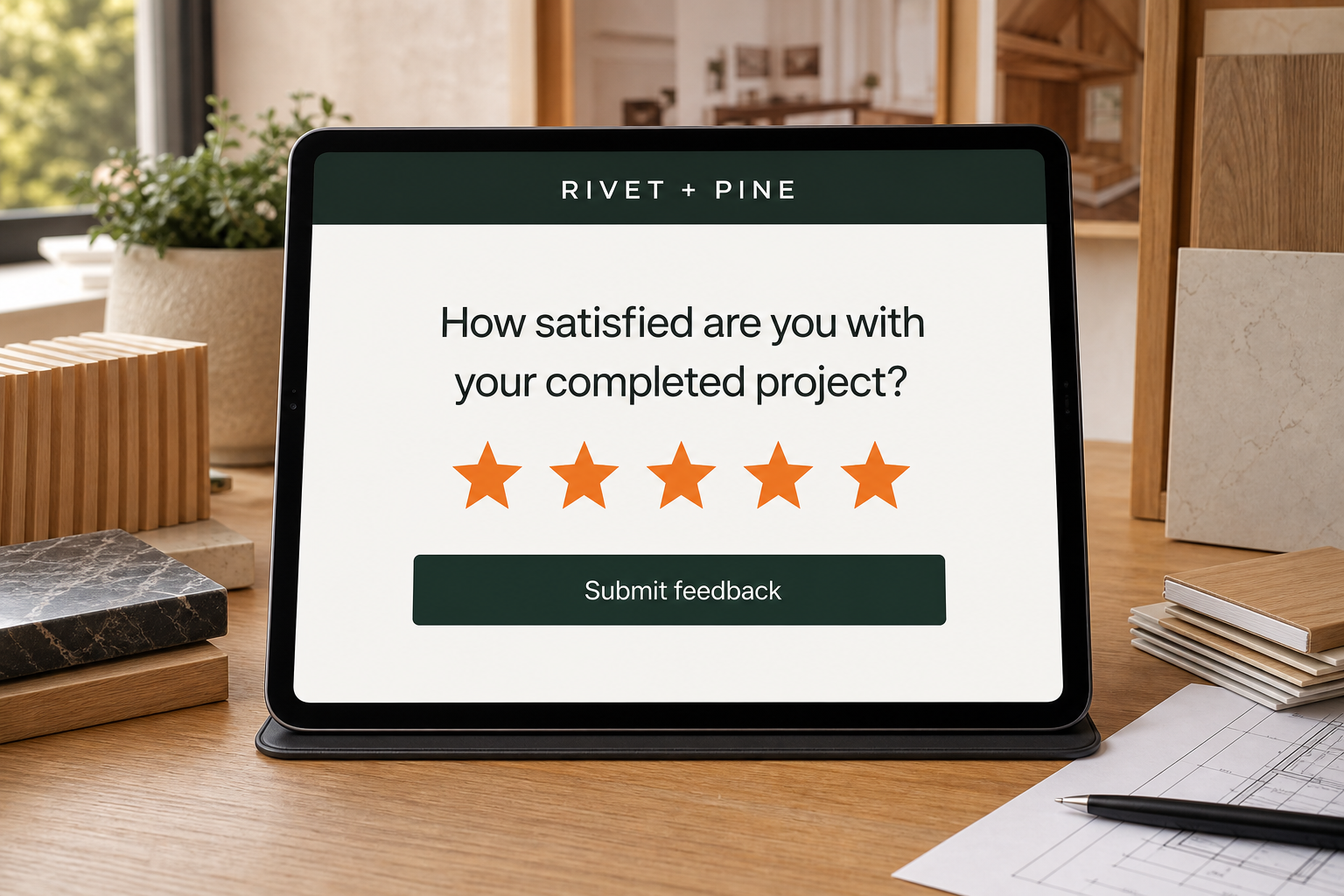 Rivet and Pine customer survey showing a five-star satisfaction response