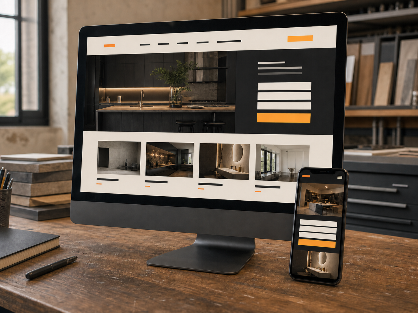 Example contractor website shown on a desktop monitor and phone