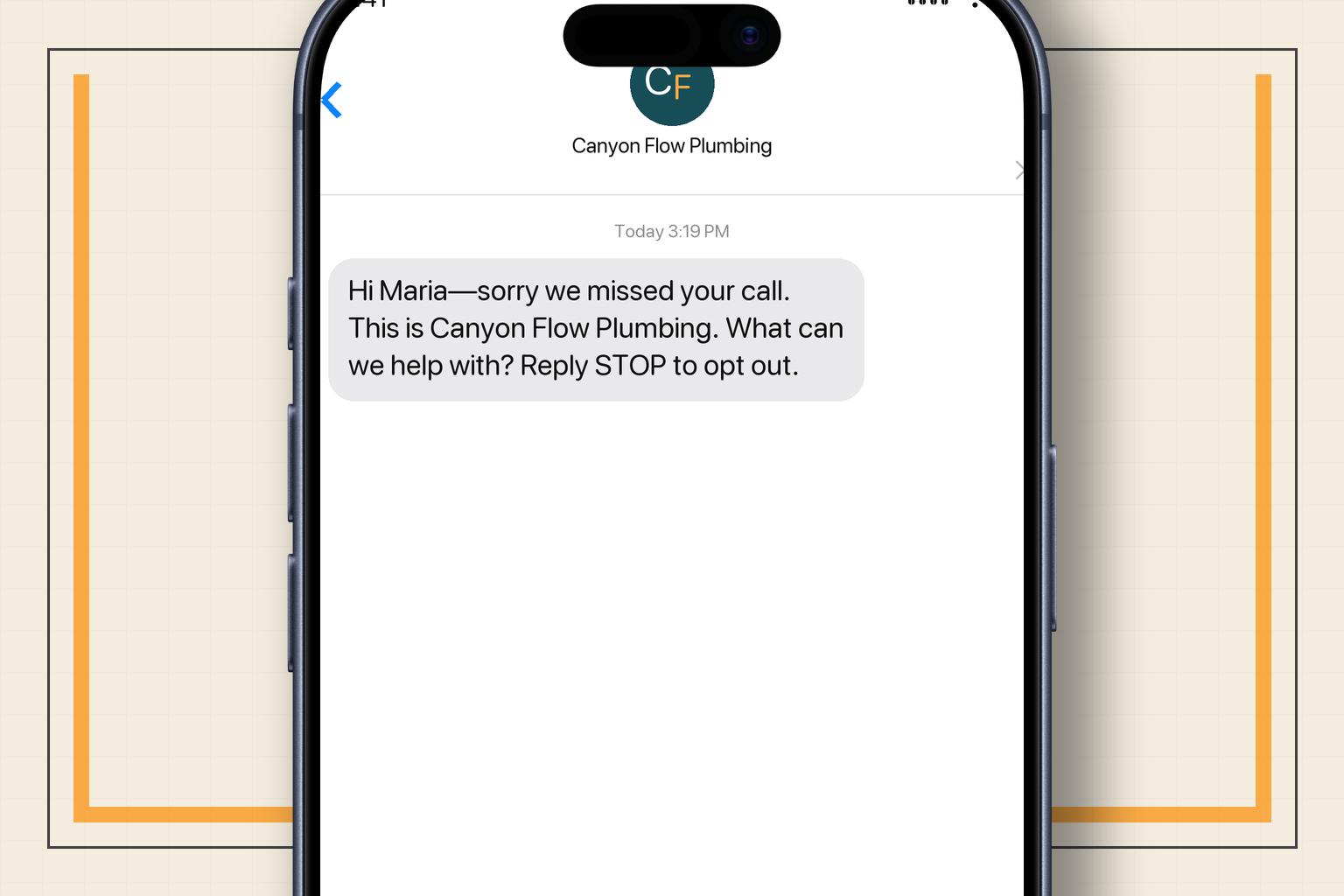 Apple Messages screen showing Canyon Flow Plumbing's first missed-call text to Maria