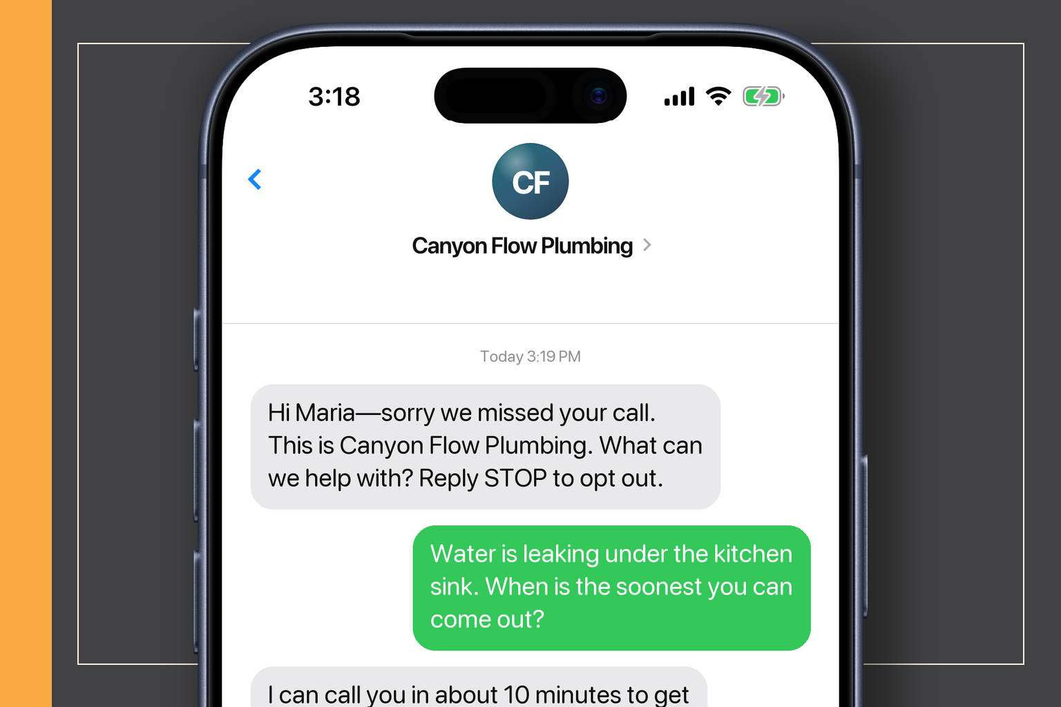 Realistic Apple Messages thread showing Canyon Flow Plumbing's missed-call text, the customer's leak details, and a human callback expectation
