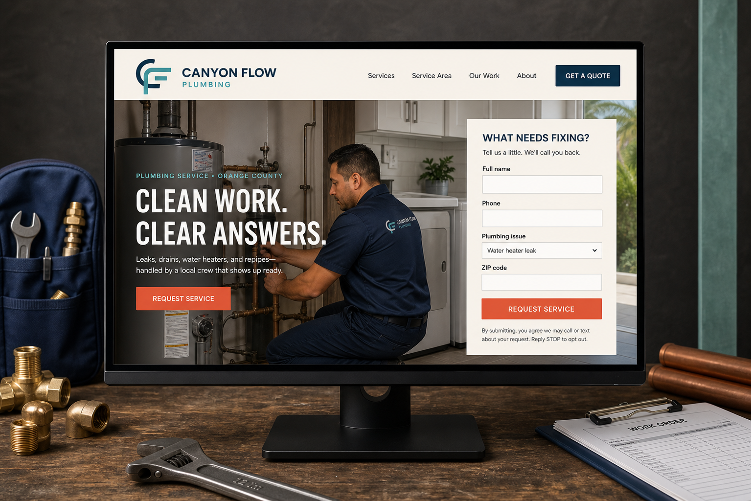 Fictional Canyon Flow Plumbing website with an Orange County plumbing hero, clear service copy, and a complete quote-request form