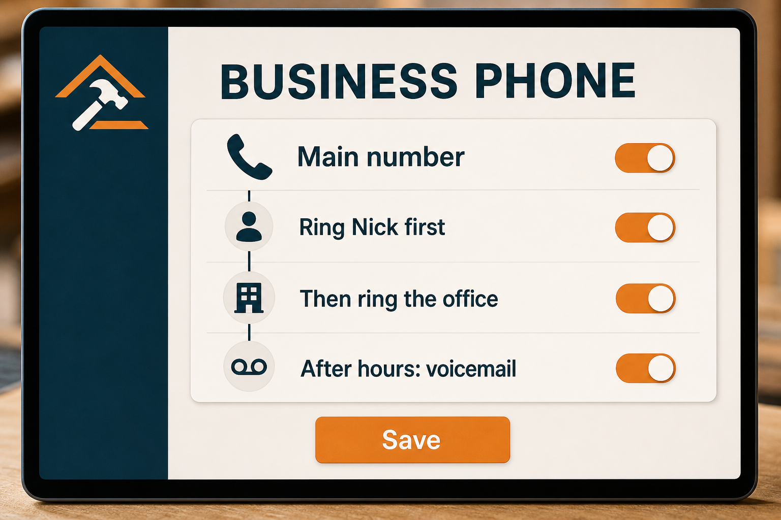 Business phone settings with a simple owner, office, and after-hours routing order