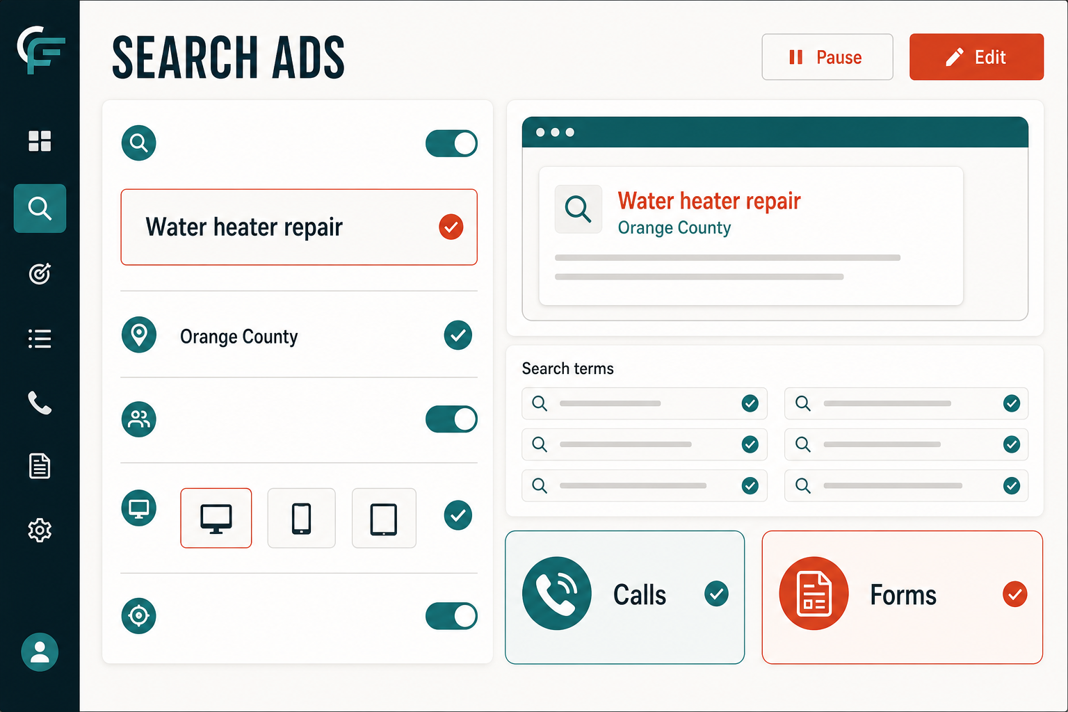 Paid-search setup focused on water heater repair in Orange County