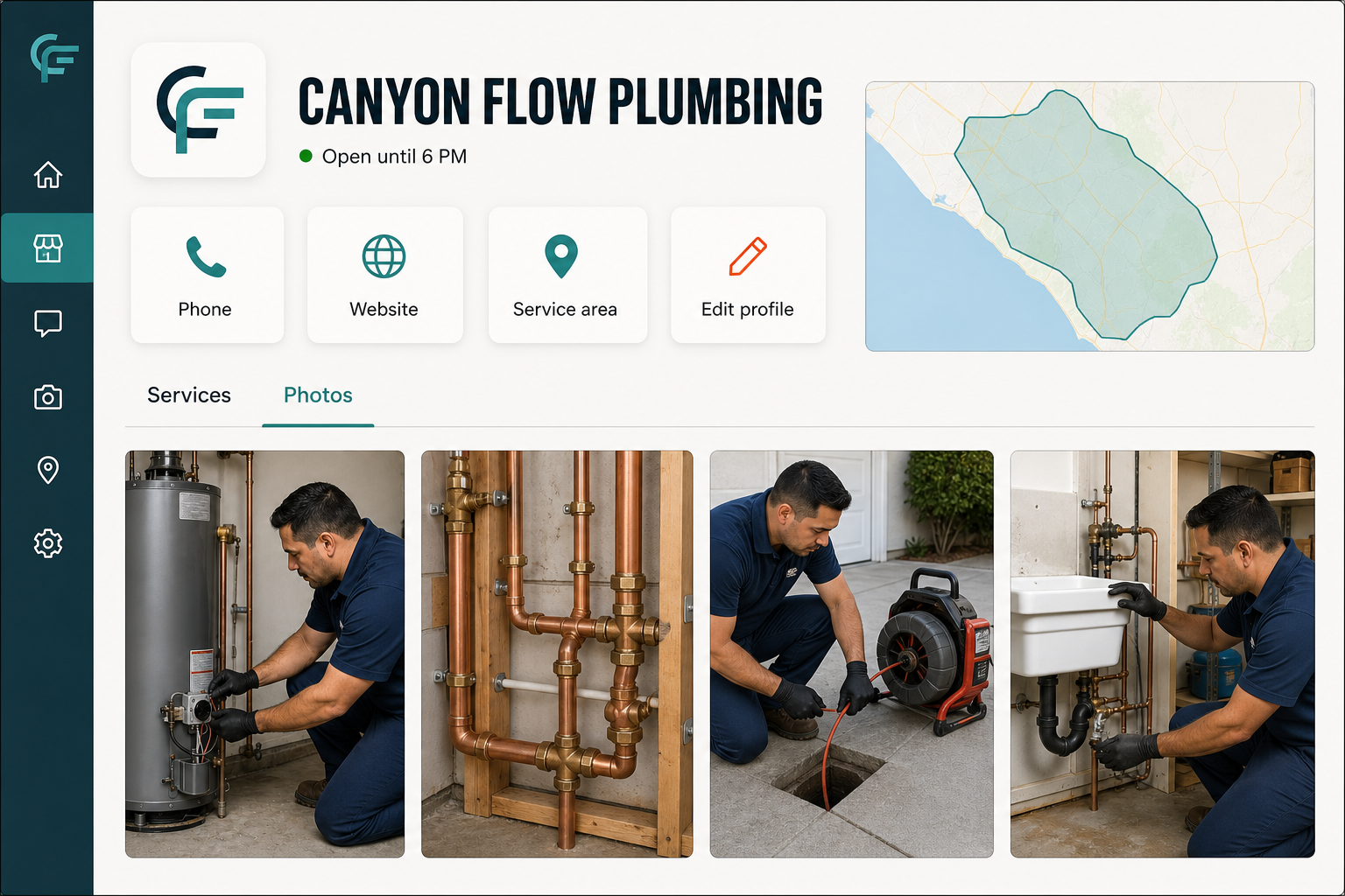 Contractor Google Business Profile showing accurate hours, phone, services, photos, and service area