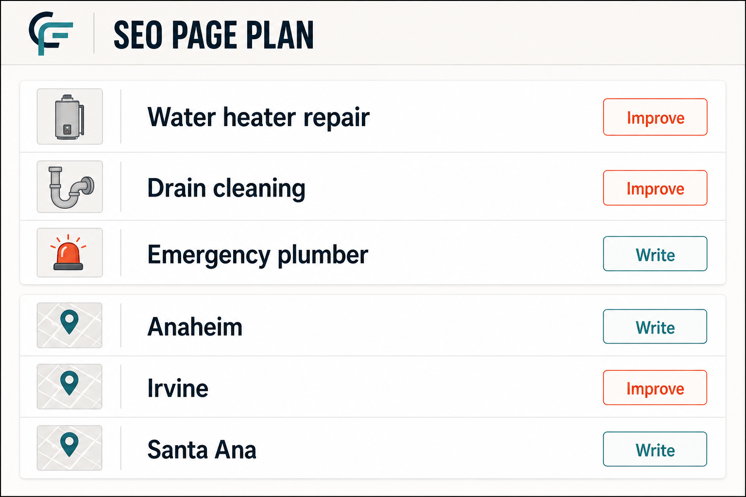 SEO page plan listing contractor services and cities to write or improve