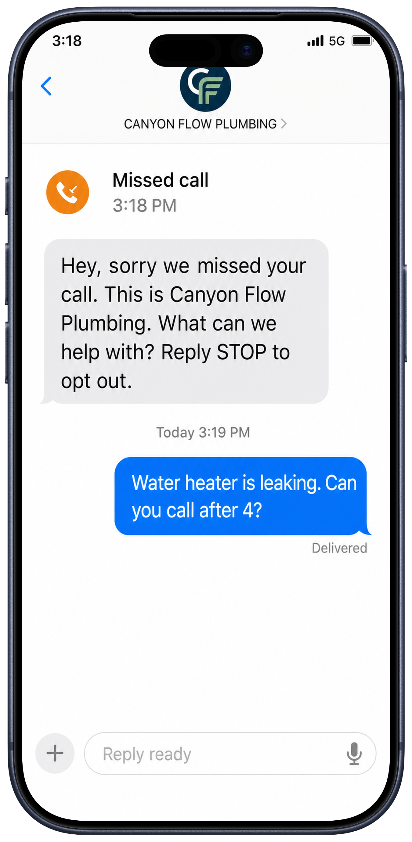 Canyon Flow Plumbing iPhone message showing a missed-call acknowledgement and a customer asking about a leaking water heater