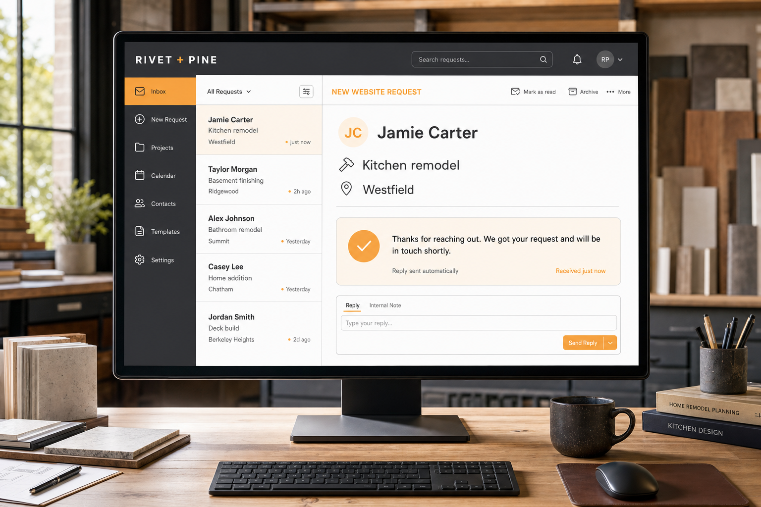 Rivet and Pine lead inbox showing Jamie Carter’s new kitchen remodel request and an automatic acknowledgement