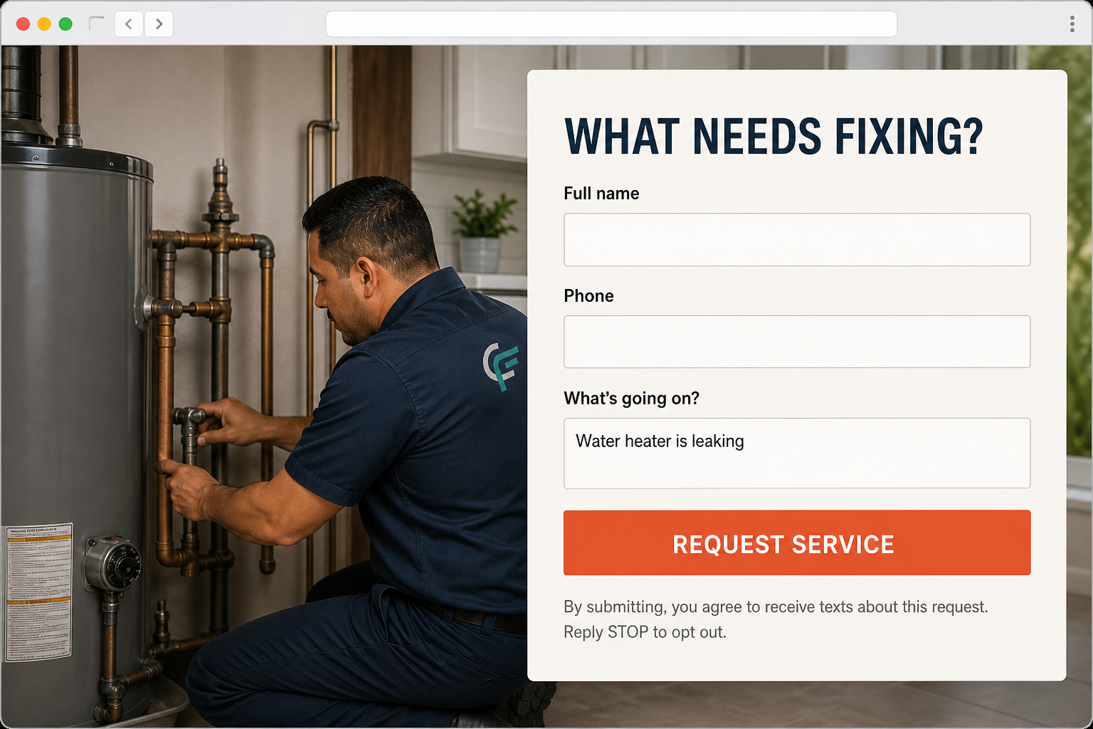 Canyon Flow Plumbing quote form asking for a customer's name, phone number, and plumbing problem
