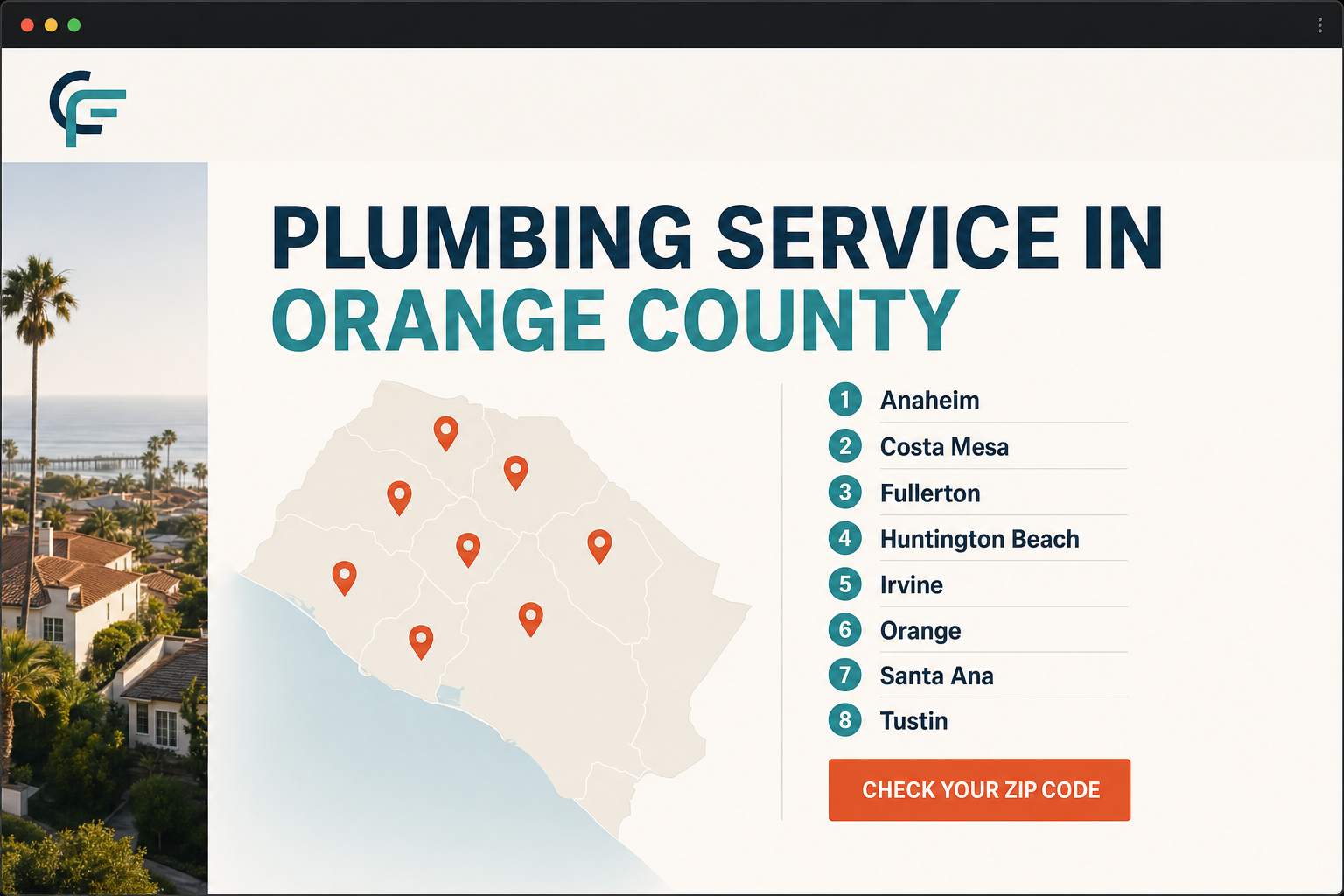 Canyon Flow Plumbing service-area page listing the Orange County cities the company serves