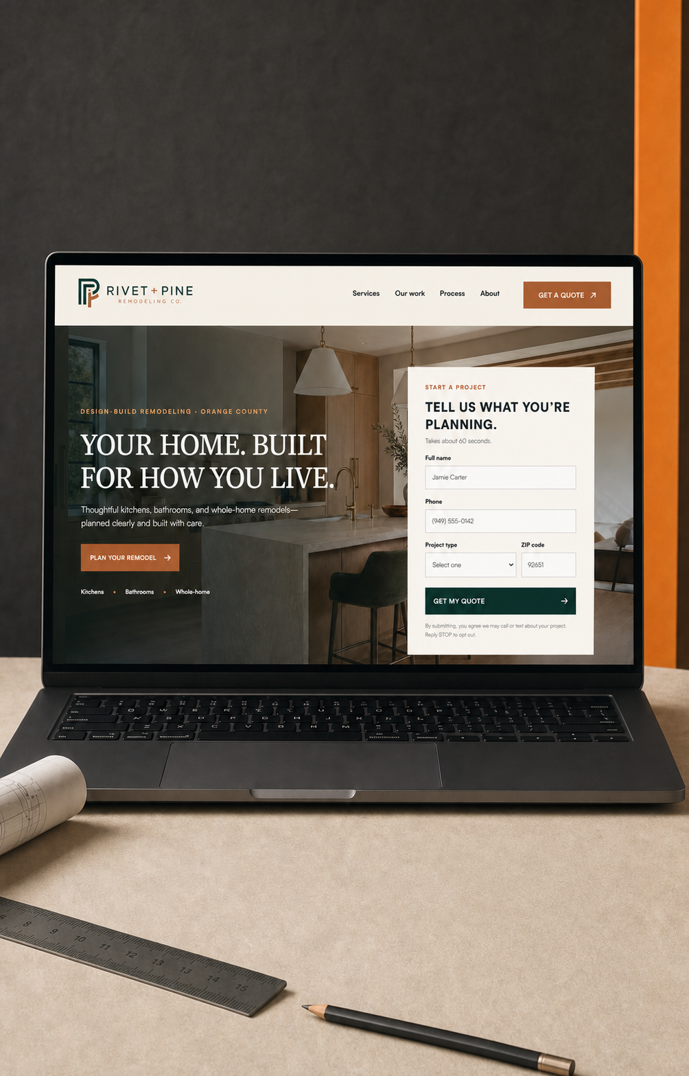 Rivet and Pine contractor website shown on a desktop computer