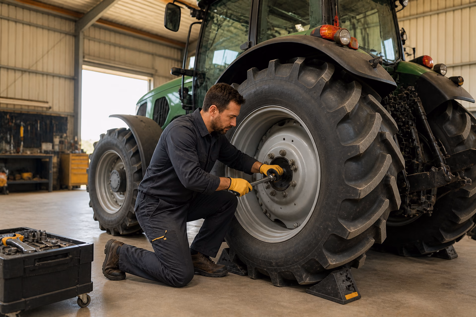 Farm equipment technician torques the rear wheel hub of a parked tractor.
