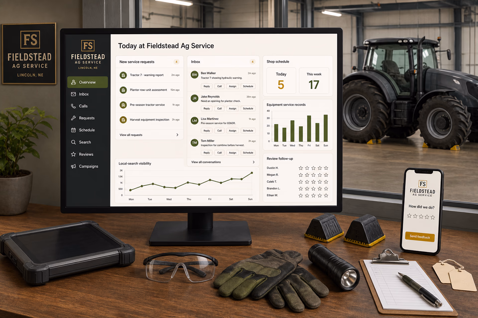 Fieldstead Ag Service operations dashboard with current leads, scheduling, service activity, local visibility, and customer reviews