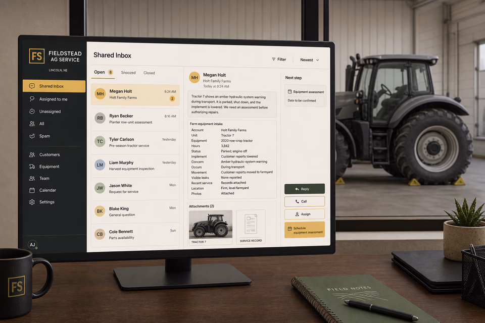 Fieldstead Ag Service response system showing the customer journey and the team's next action