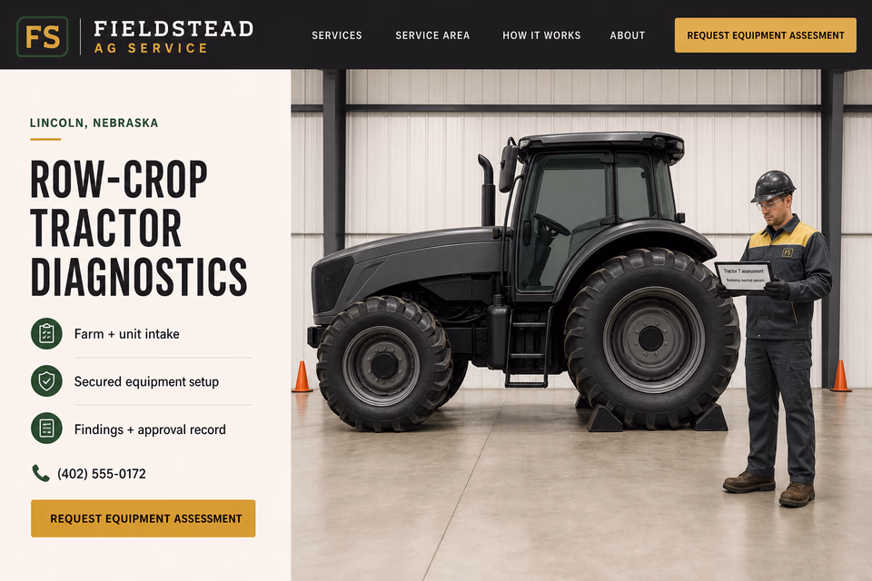 Fieldstead Ag Service customer-facing service page with clear local service details, proof, and a direct request path