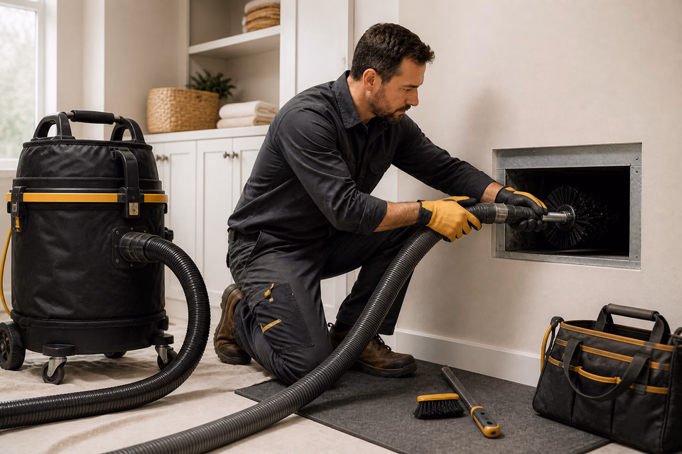 Air-duct cleaning technician guiding a rotary brush and vacuum hose into a return duct.