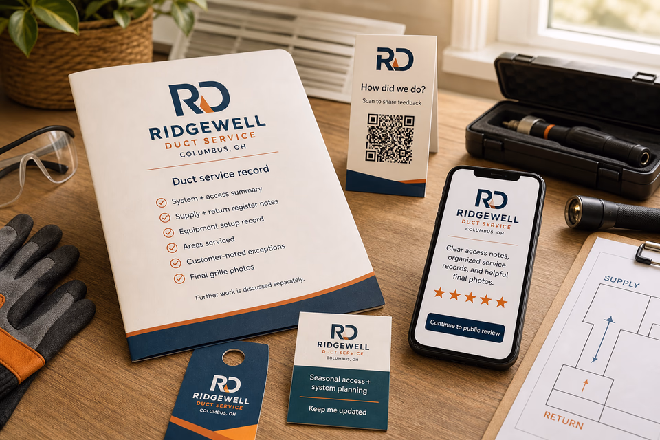 Ridgewell Duct Service retention system showing the customer journey and the team's next action