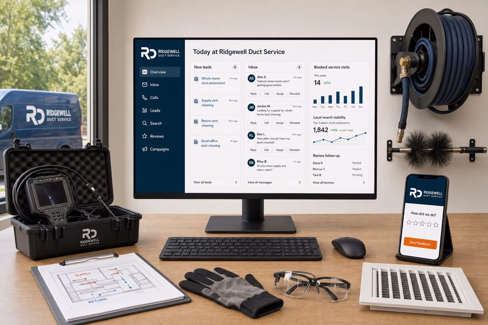 Ridgewell Duct Service operations dashboard with current leads, scheduling, service activity, local visibility, and customer reviews