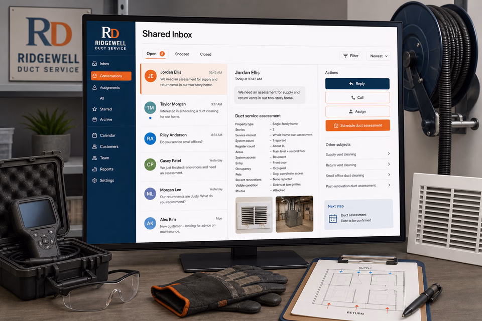 Ridgewell Duct Service response system showing the customer journey and the team's next action