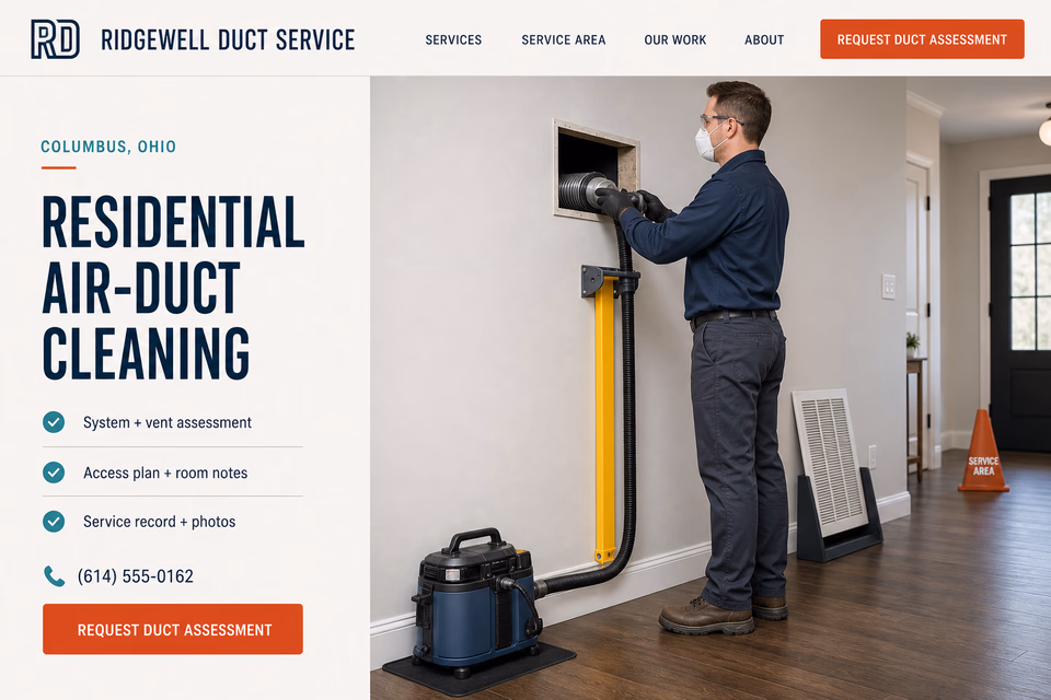 Ridgewell Duct Service customer-facing service page with clear local service details, proof, and a direct request path