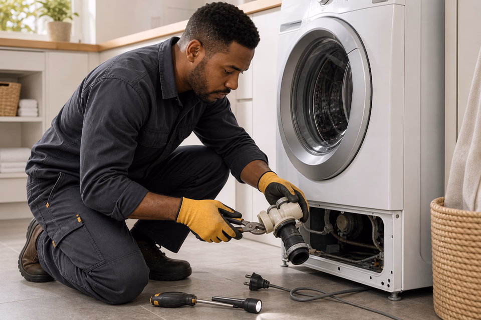 Appliance technician inspecting the drain pump of an unplugged washing machine.