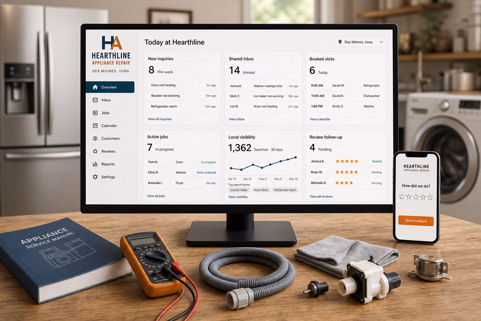 Hearthline Appliance Repair operations dashboard with current leads, scheduling, service activity, local visibility, and customer reviews