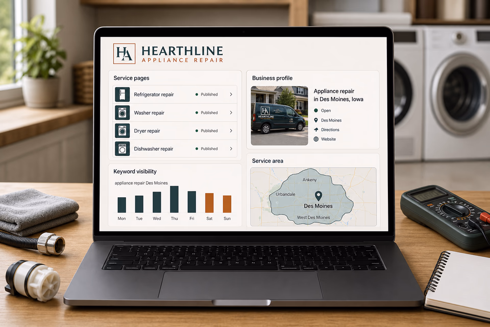 Hearthline Appliance Repair visibility system showing the customer journey and the team's next action