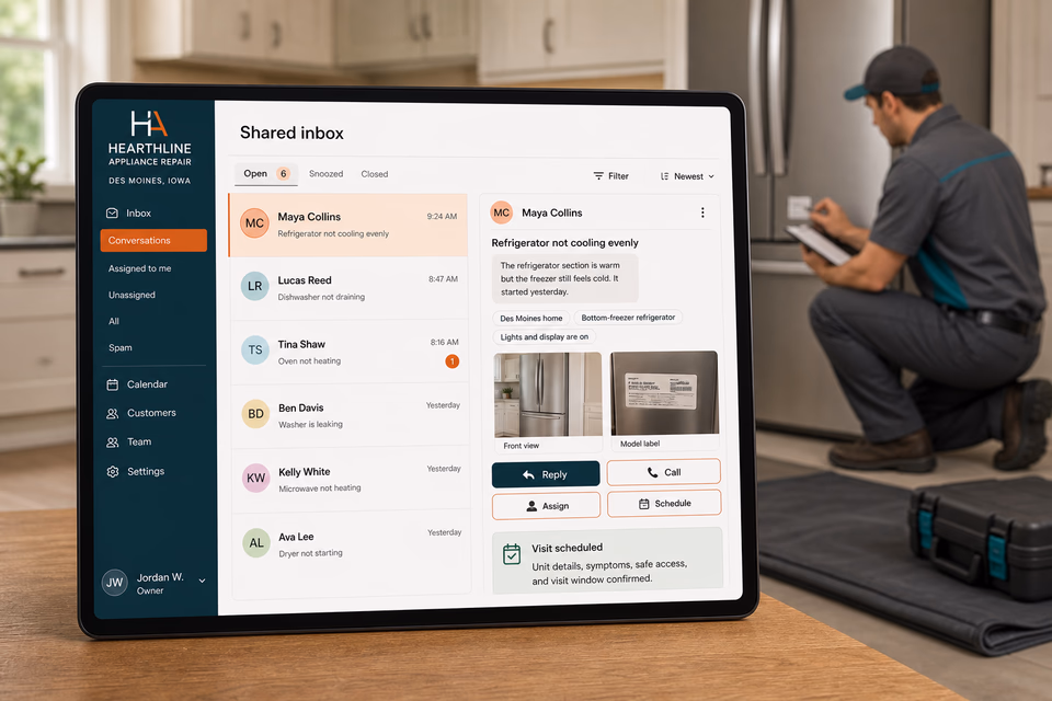 Hearthline Appliance Repair response system showing the customer journey and the team's next action