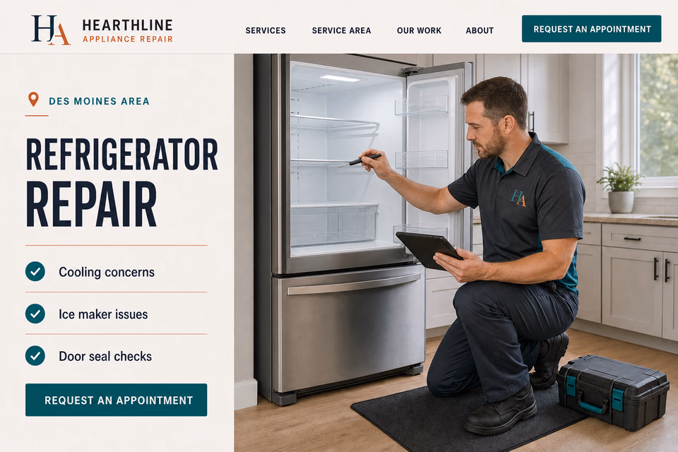 Hearthline Appliance Repair customer-facing service page with clear local service details, proof, and a direct request path