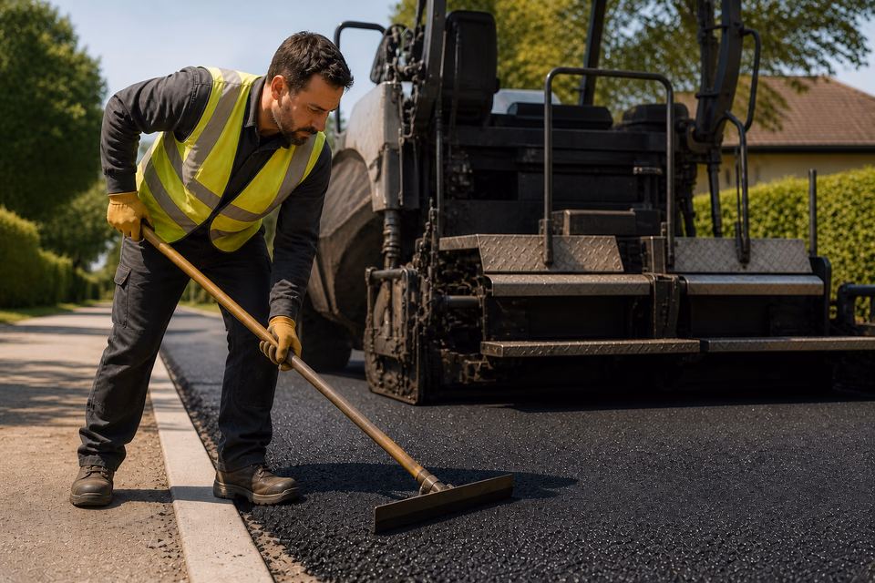 Paving worker levels the edge of fresh asphalt behind a paving machine.