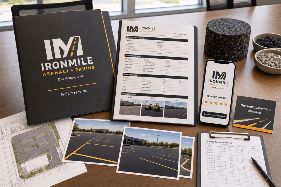 Ironmile Asphalt + Paving retention system showing the customer journey and the team's next action