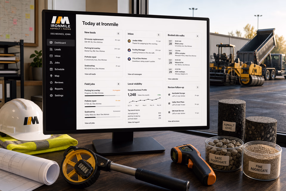 Ironmile Asphalt + Paving operations dashboard with current leads, scheduling, service activity, local visibility, and customer reviews