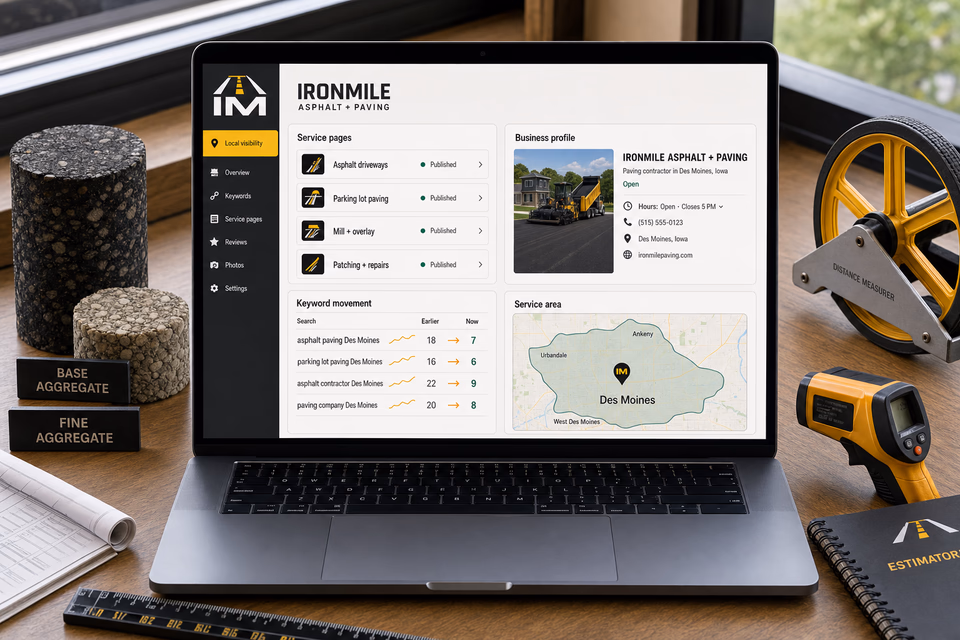 Ironmile Asphalt + Paving visibility system showing the customer journey and the team's next action