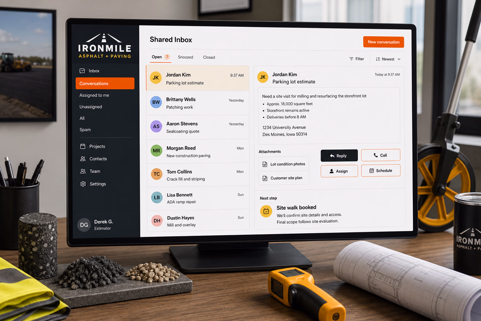 Ironmile Asphalt + Paving response system showing the customer journey and the team's next action