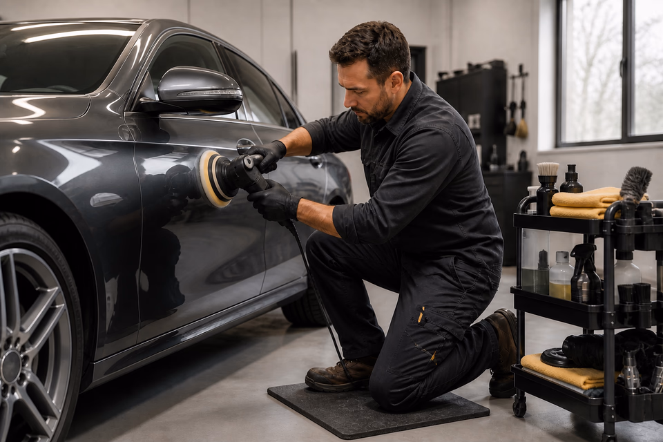 Auto detailer polishing a graphite car beside microfiber towels and detailing tools.
