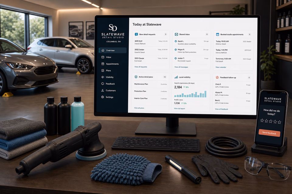 Slatewave Detail Studio operations dashboard with current leads, scheduling, service activity, local visibility, and customer reviews