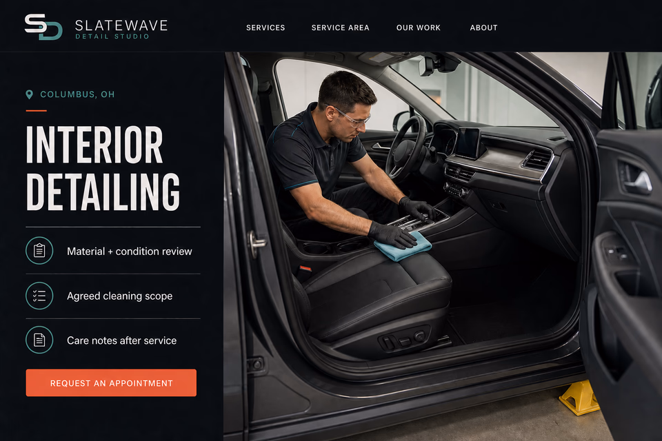 Slatewave Detail Studio customer-facing service page with clear local service details, proof, and a direct request path