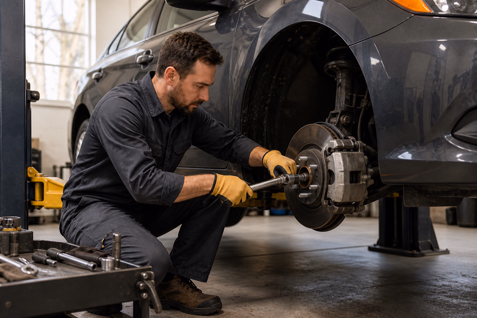 Auto mechanic torquing a brake caliper on a safely supported car.