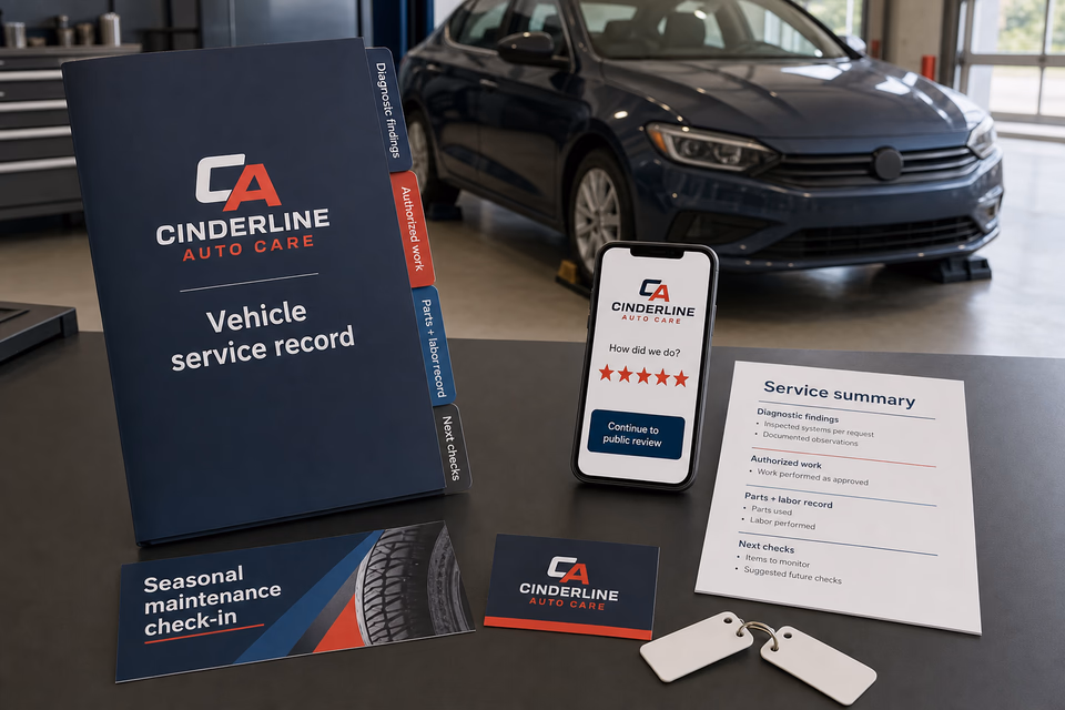 Cinderline Auto Care retention system showing the customer journey and the team's next action