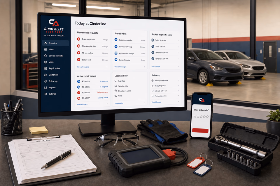 Cinderline Auto Care operations dashboard with current leads, scheduling, service activity, local visibility, and customer reviews