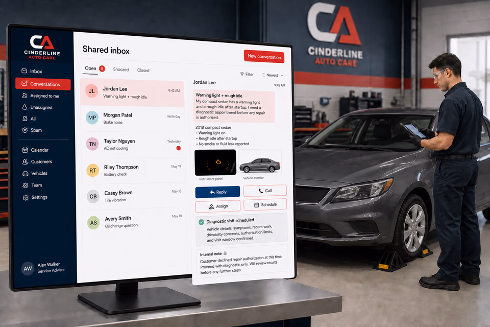 Cinderline Auto Care response system showing the customer journey and the team's next action