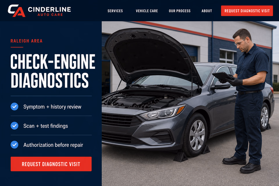 Cinderline Auto Care customer-facing service page with clear local service details, proof, and a direct request path